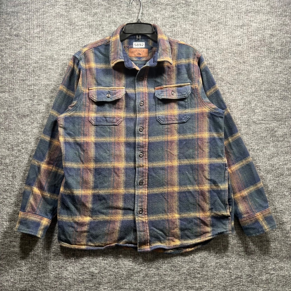 Orvis Classic Collection Mens Blue Orange Plaid Flannel Button Down Shirt L